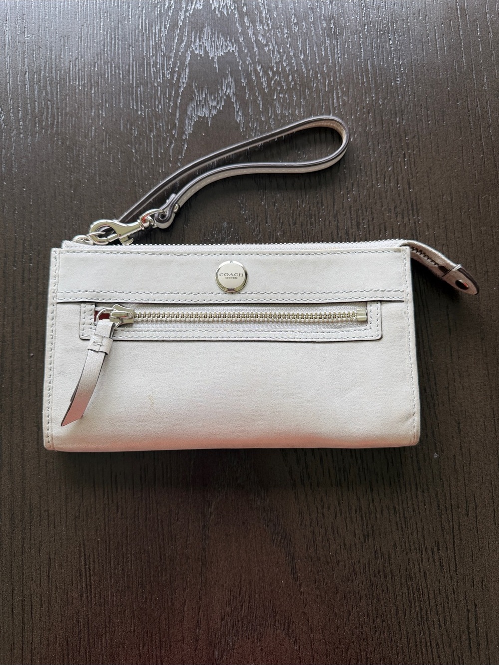 Coach  Gray/Silver Leather Wristlet with Front Zip Pocket